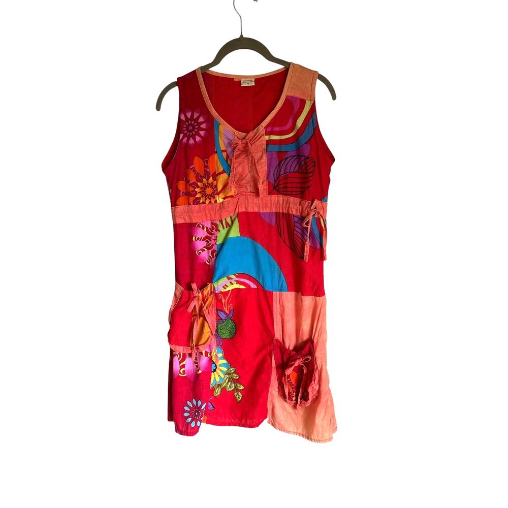 Boho Patchwork Cotton Dress Small Floral Sleeveless Nepal Artisan Pockets